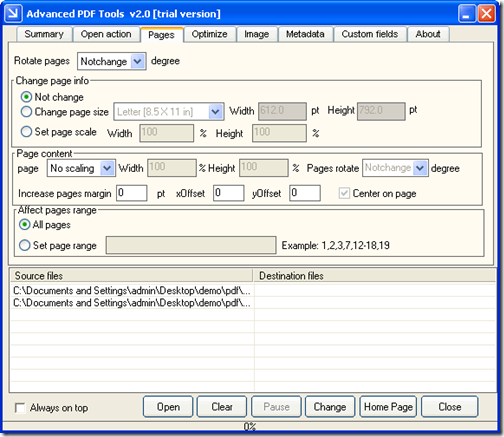 Pages tab of Advanced PDF Tools