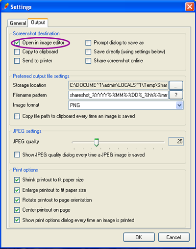 menu option of Shareshot